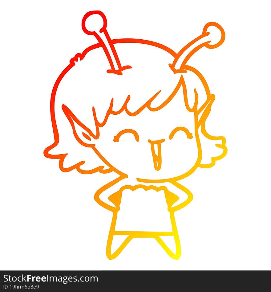 warm gradient line drawing of a cartoon alien girl laughing