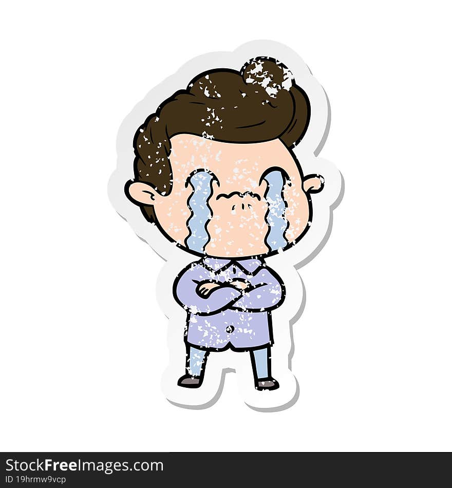 distressed sticker of a cartoon man crying