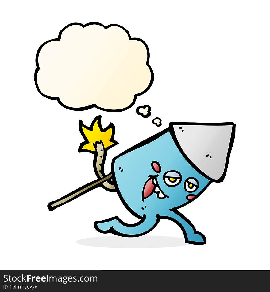 cartoon funny firework character with thought bubble