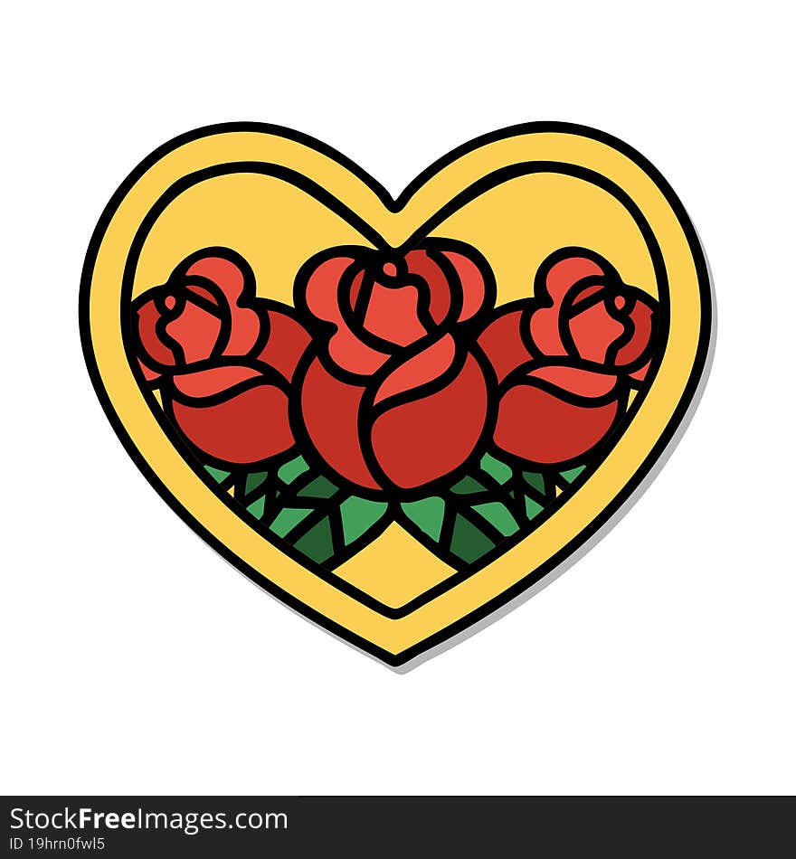 sticker of tattoo in traditional style of a heart and flowers. sticker of tattoo in traditional style of a heart and flowers