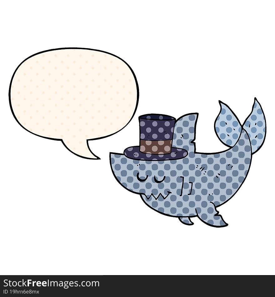 cartoon shark wearing top hat and speech bubble in comic book style