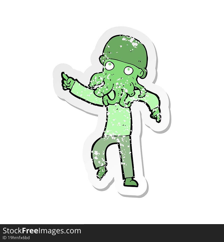 retro distressed sticker of a cartoon alien man dancing