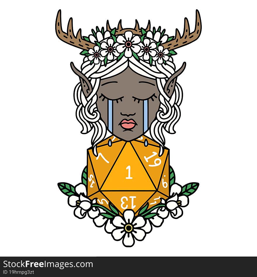 crying elf druid character face with natural one D20 roll illustration