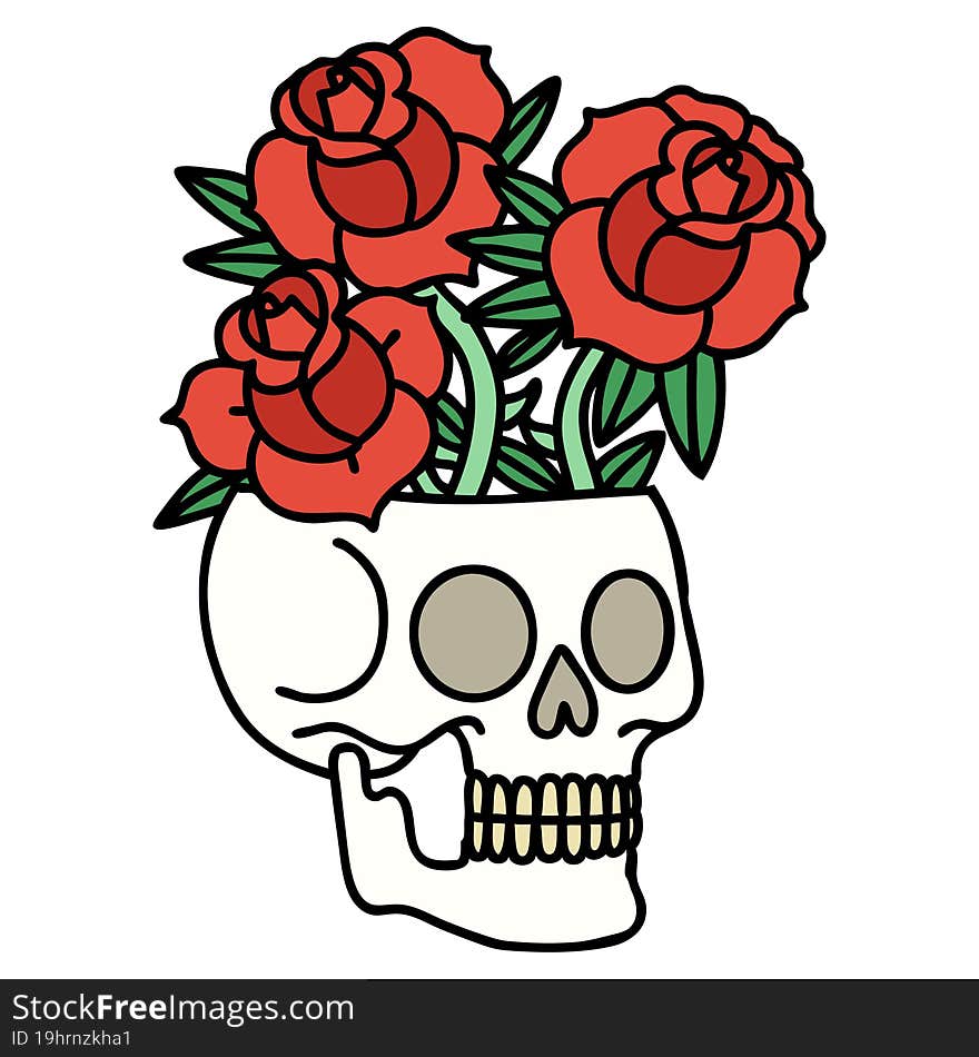 traditional tattoo of a skull and roses