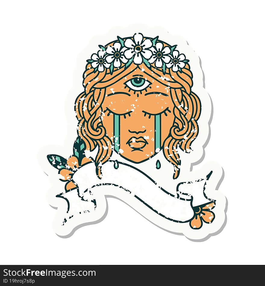 grunge sticker with banner of female face with third eye crying