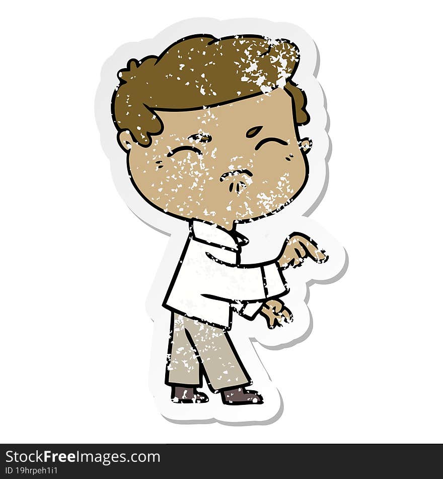 Distressed Sticker Of A Cartoon Annoyed Man Pointing Finger