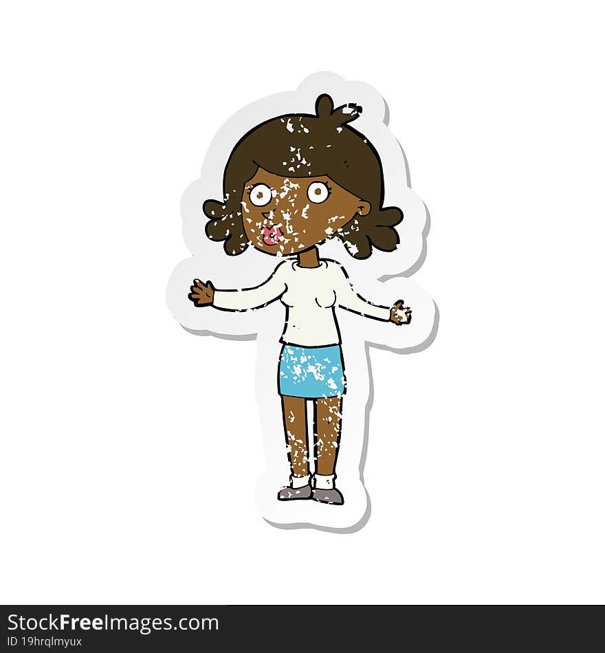 retro distressed sticker of a cartoon confused woman