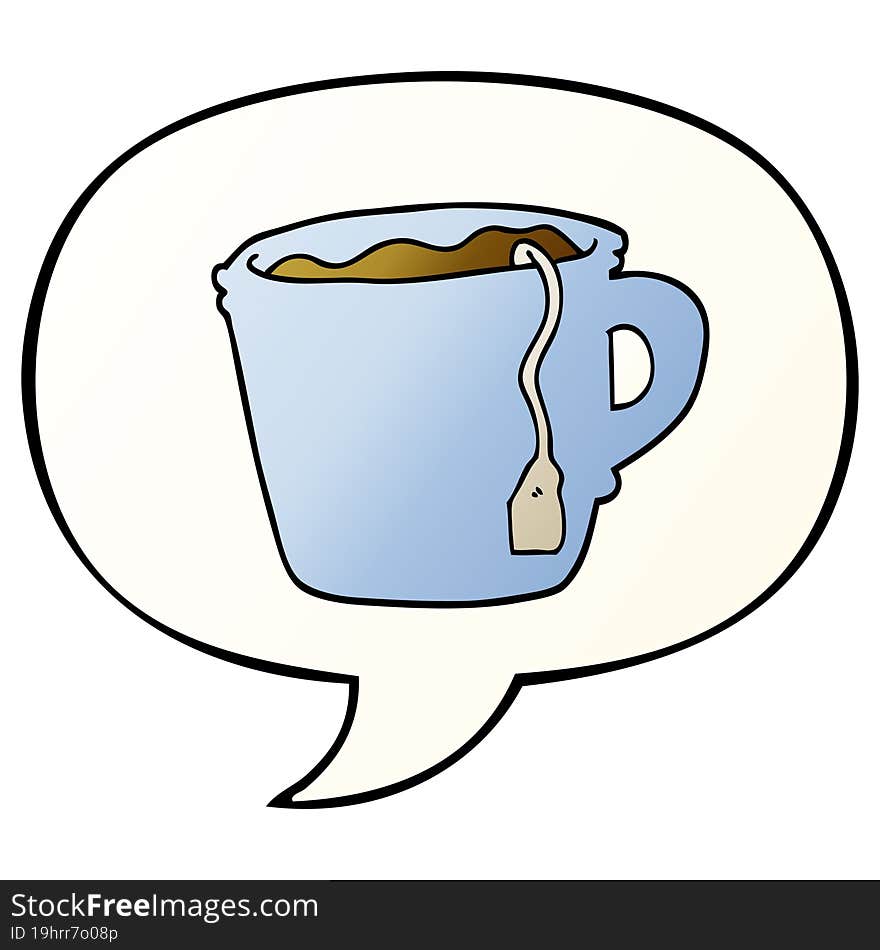 cartoon hot cup of tea with speech bubble in smooth gradient style