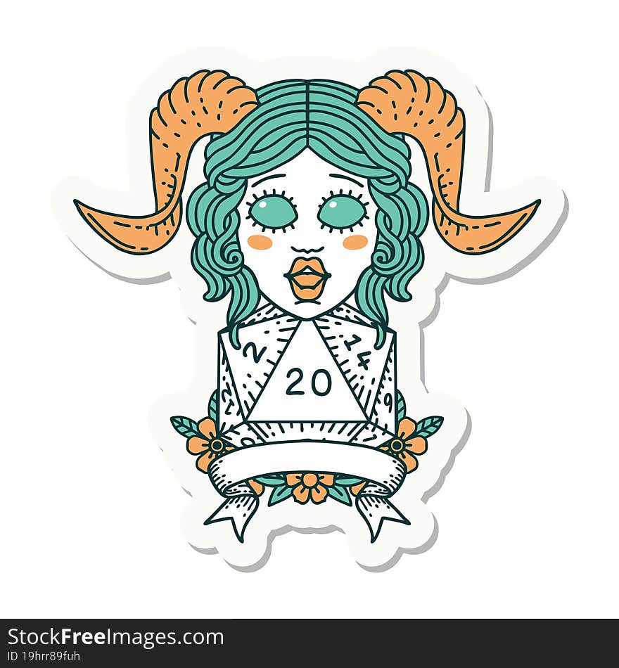 sticker of a tiefling with natural 20 D20 roll. sticker of a tiefling with natural 20 D20 roll