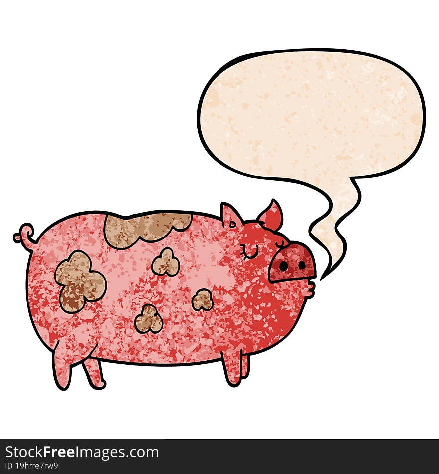 cartoon pig and speech bubble in retro texture style