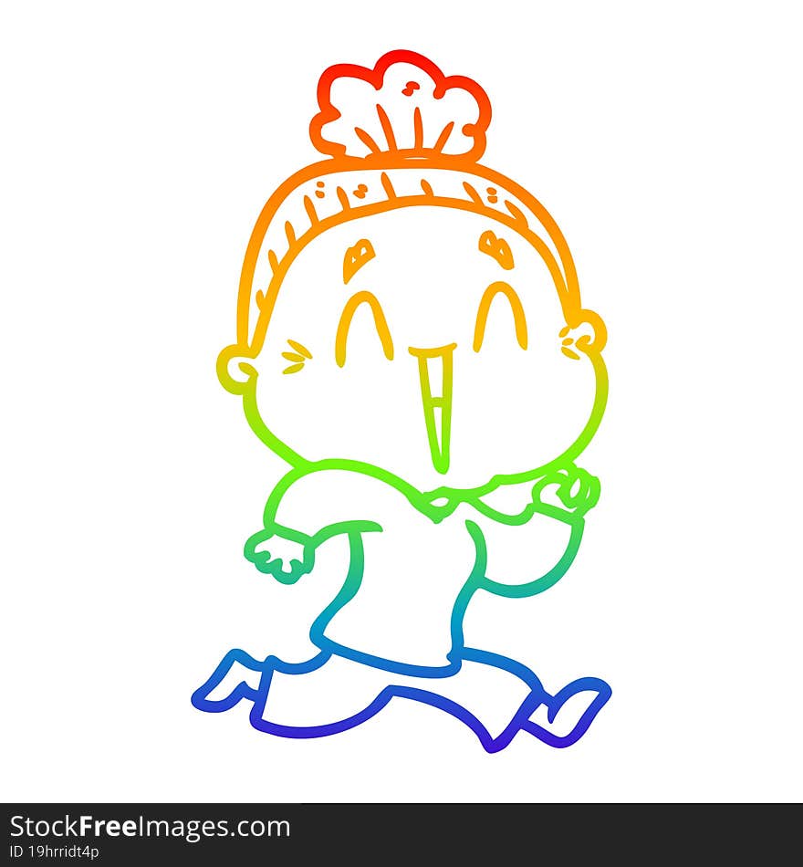 rainbow gradient line drawing of a cartoon happy old lady