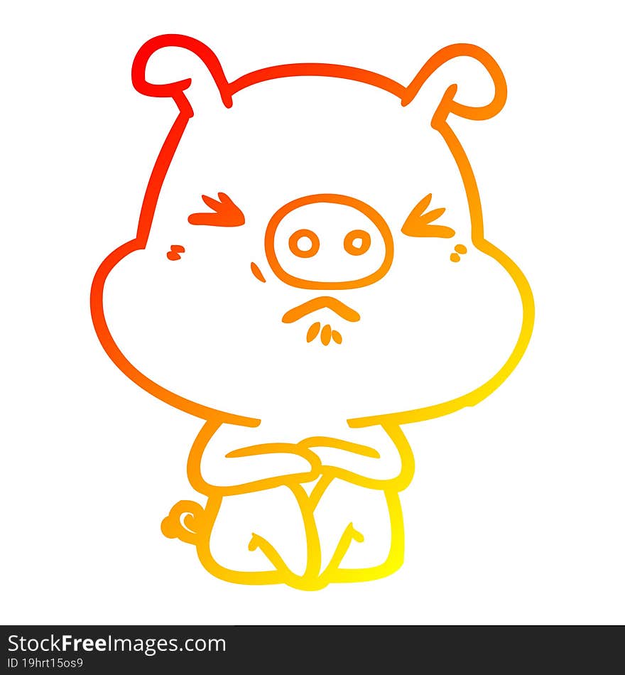 warm gradient line drawing of a cartoon angry pig sat waiting