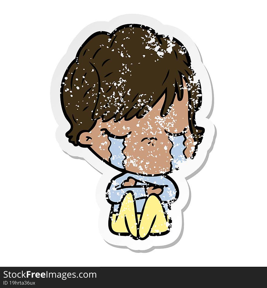 distressed sticker of a cartoon woman crying