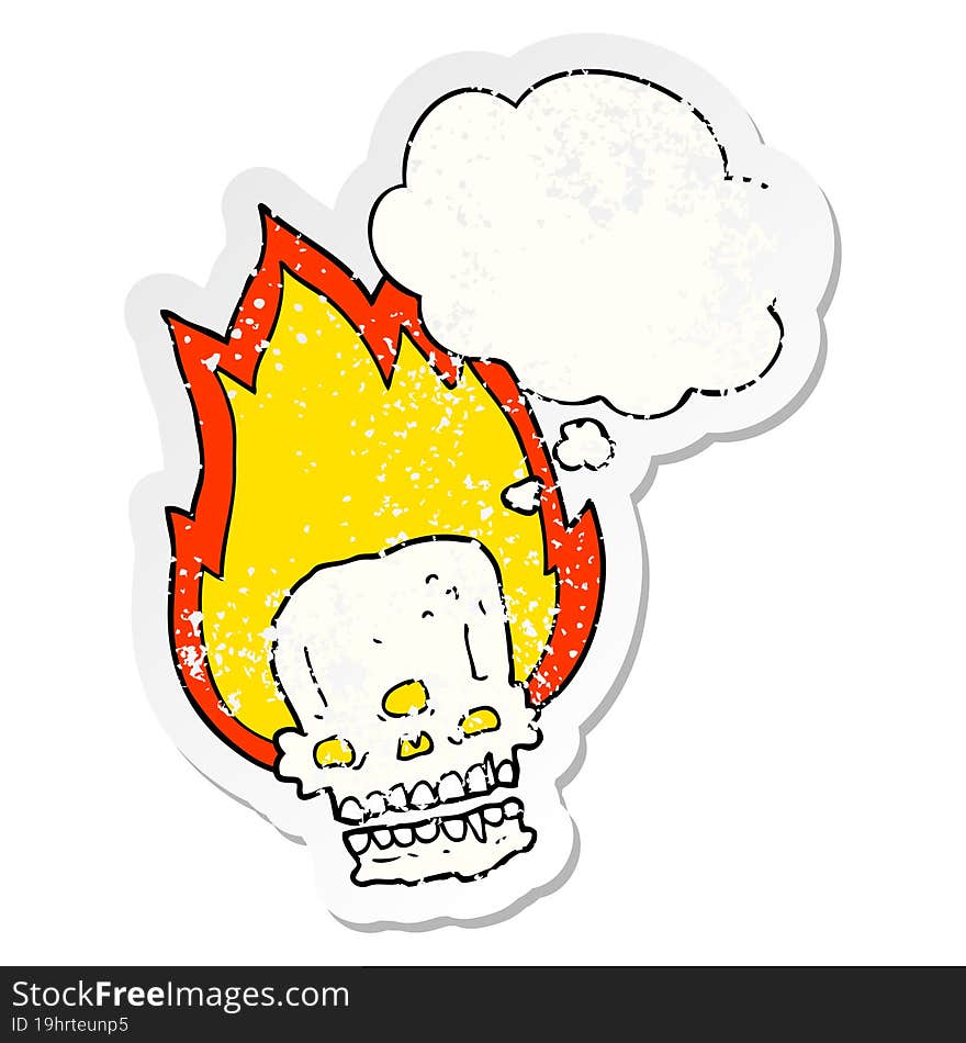 spooky cartoon flaming skull and thought bubble as a distressed worn sticker