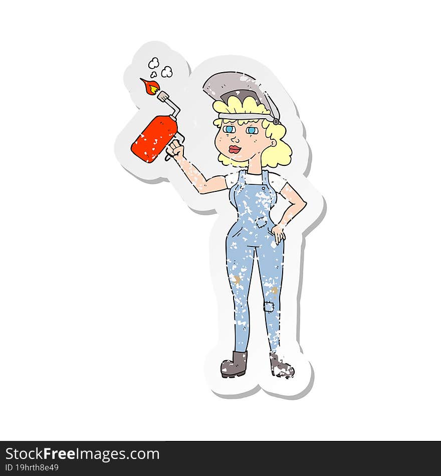 retro distressed sticker of a cartoon woman welding