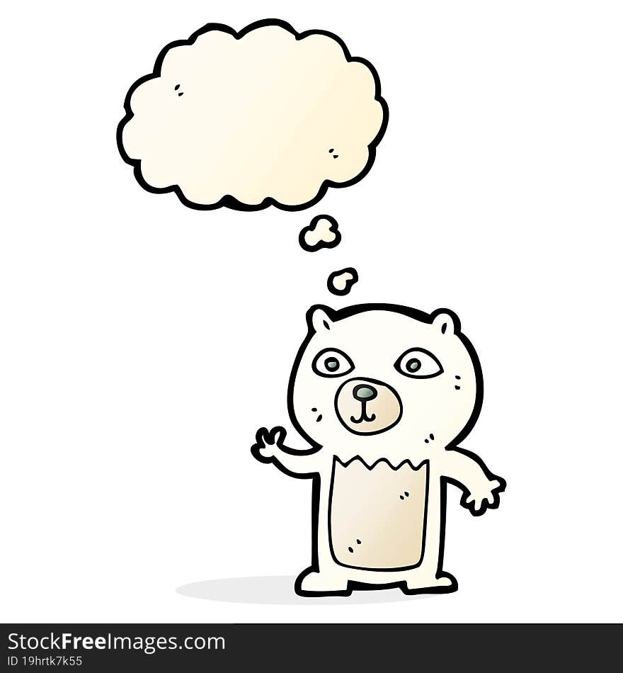 cartoon waving polar bear cub with thought bubble