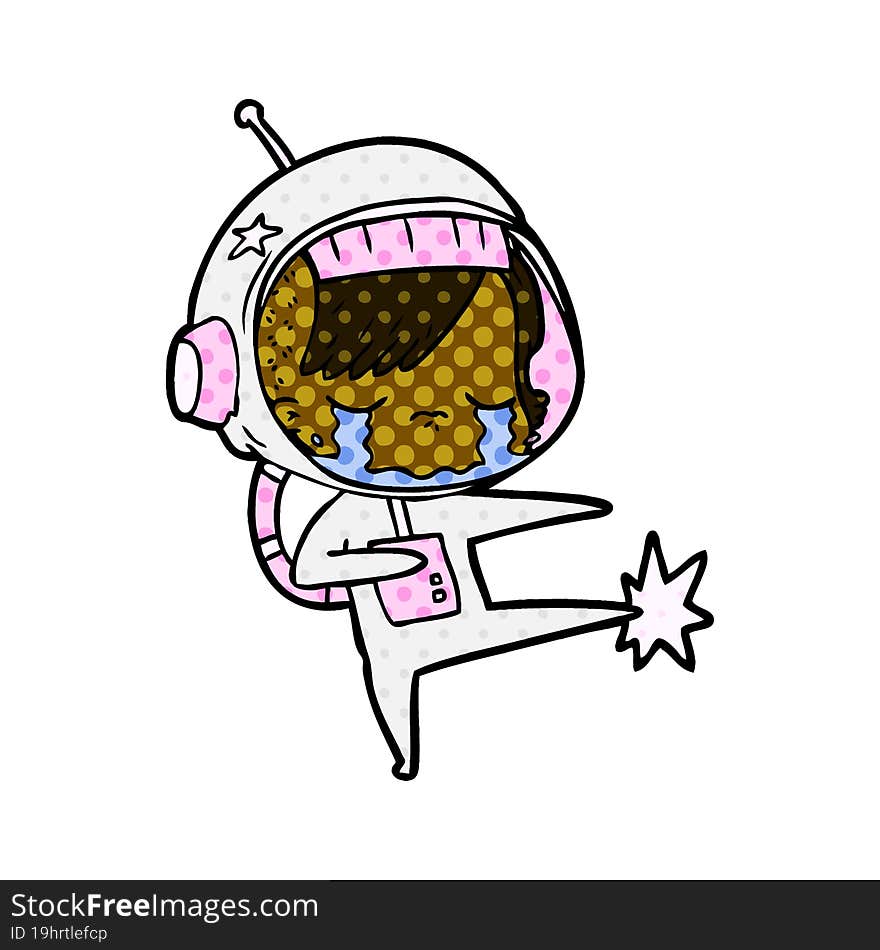 cartoon crying astronaut girl kicking. cartoon crying astronaut girl kicking