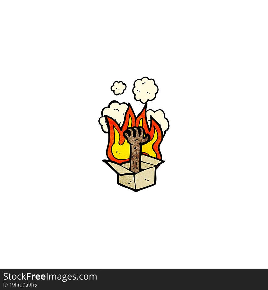 flaming hand in box cartoon