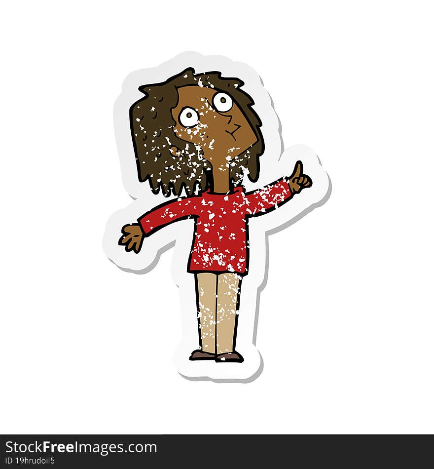 retro distressed sticker of a cartoon curious woman