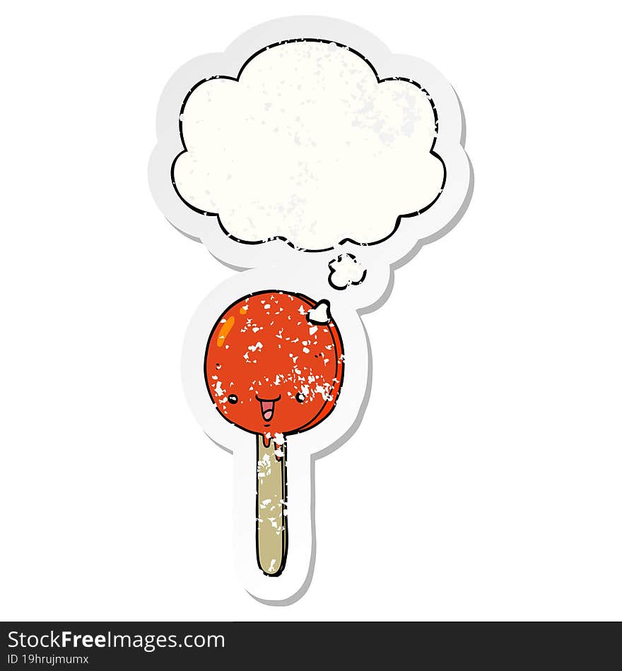 cartoon candy lollipop and thought bubble as a distressed worn sticker