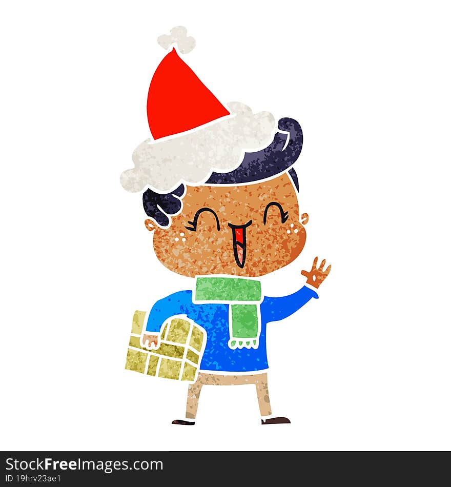 hand drawn retro cartoon of a laughing boy wearing santa hat