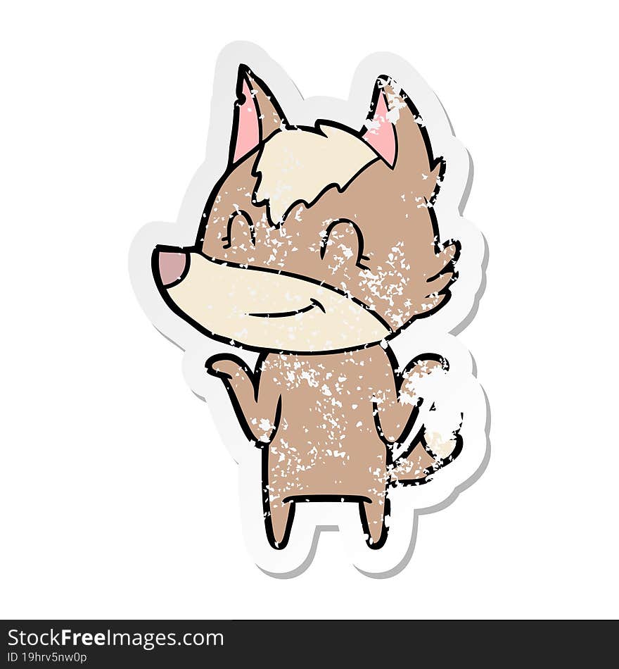 distressed sticker of a friendly cartoon wolf