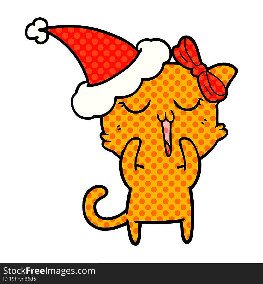 hand drawn comic book style illustration of a cat wearing santa hat