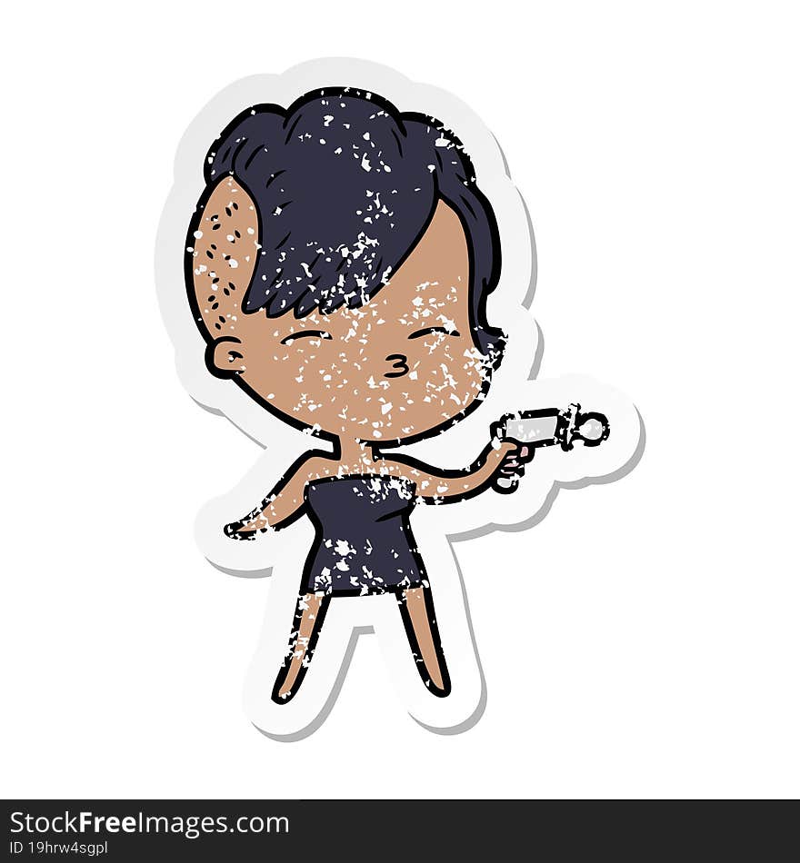 distressed sticker of a cartoon squinting girl pointing ray gun