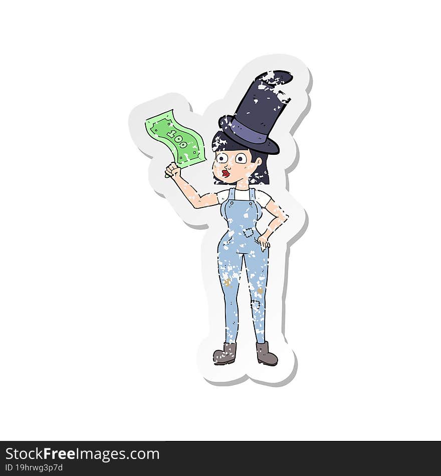 Retro Distressed Sticker Of A Cartoon Woman Holding On To Money