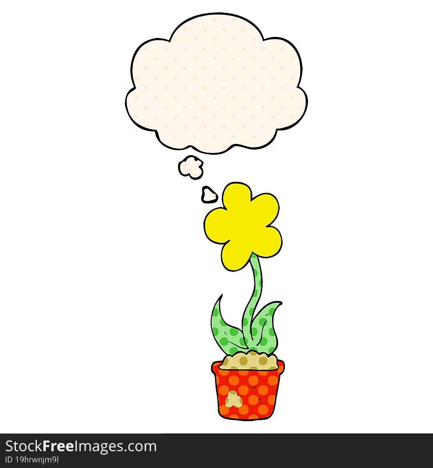 cute cartoon flower with thought bubble in comic book style