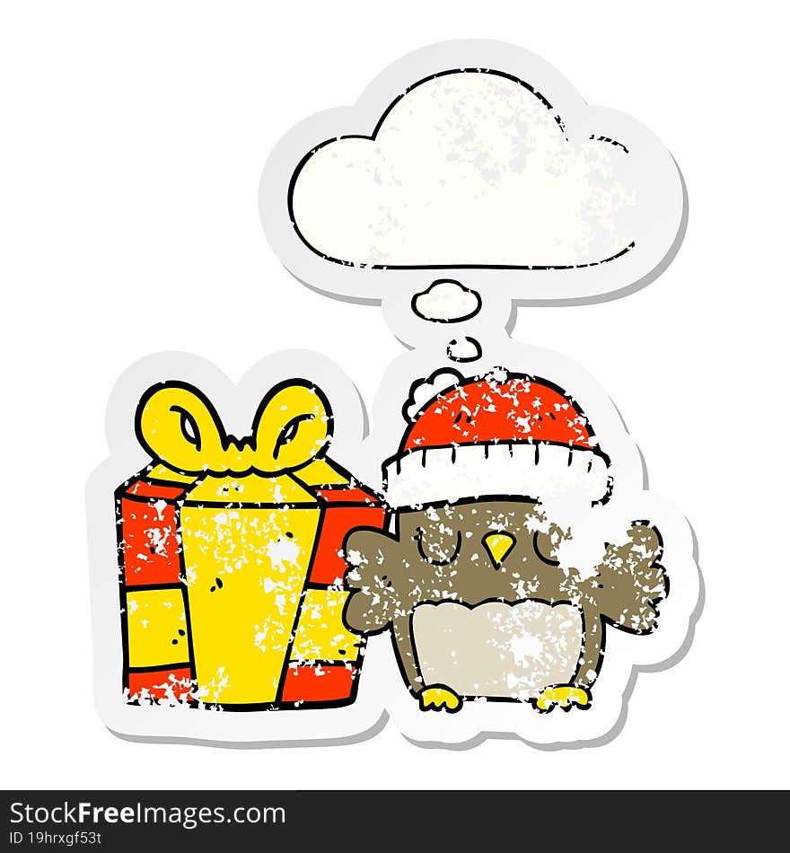 cute christmas owl and thought bubble as a distressed worn sticker