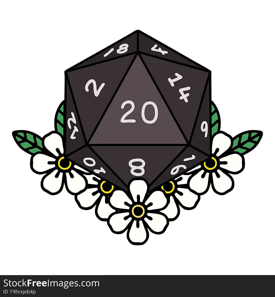 Natural 20 D20 Dice Roll With Floral Elements Illustration