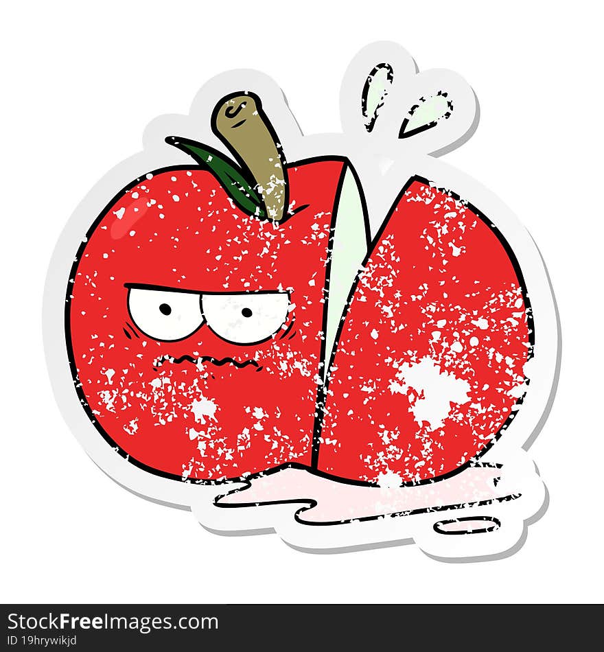 distressed sticker of a cartoon angry sliced apple