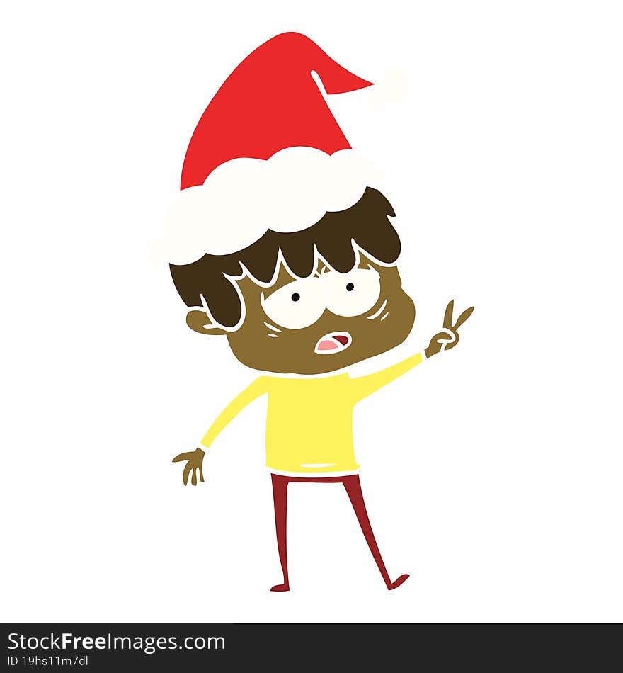 flat color illustration of a exhausted boy wearing santa hat