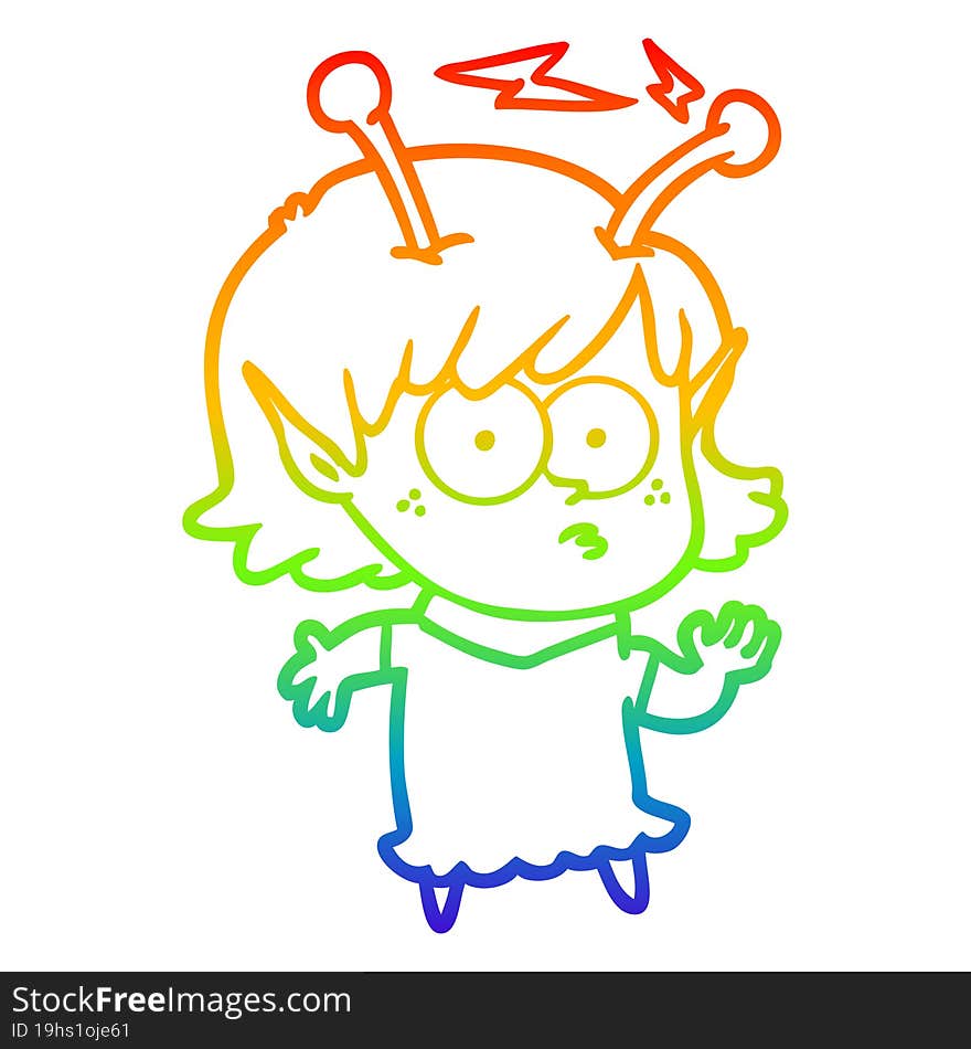 rainbow gradient line drawing of a cartoon alien girl