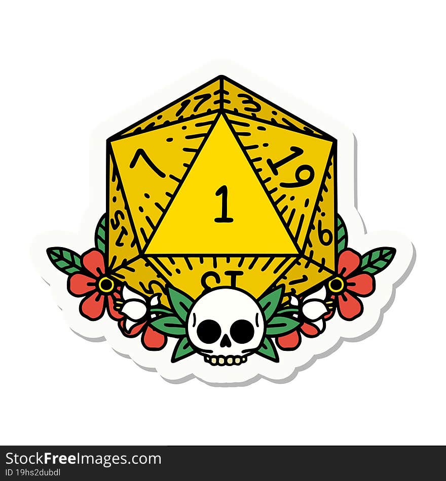 sticker of a natural one dice roll with floral elements. sticker of a natural one dice roll with floral elements