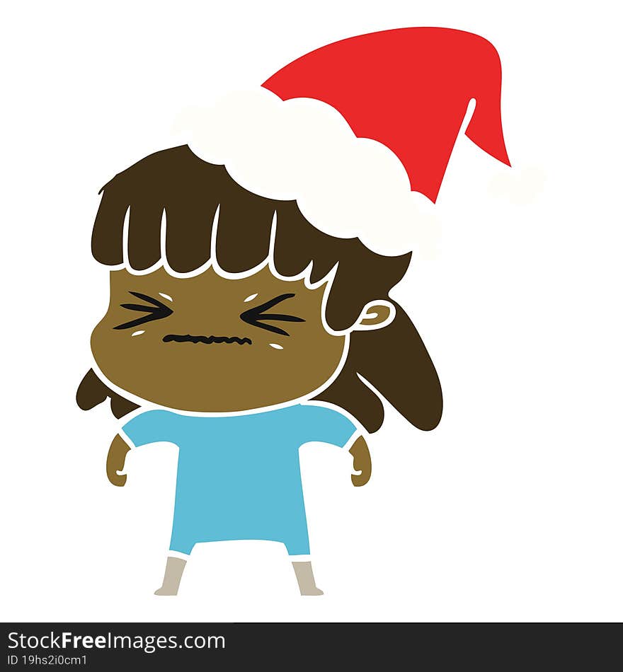 hand drawn flat color illustration of a woman wearing santa hat