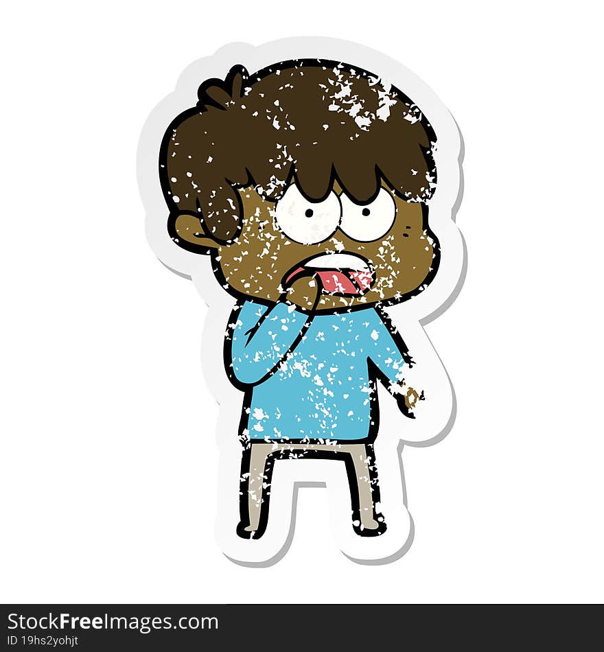 distressed sticker of a worried cartoon boy