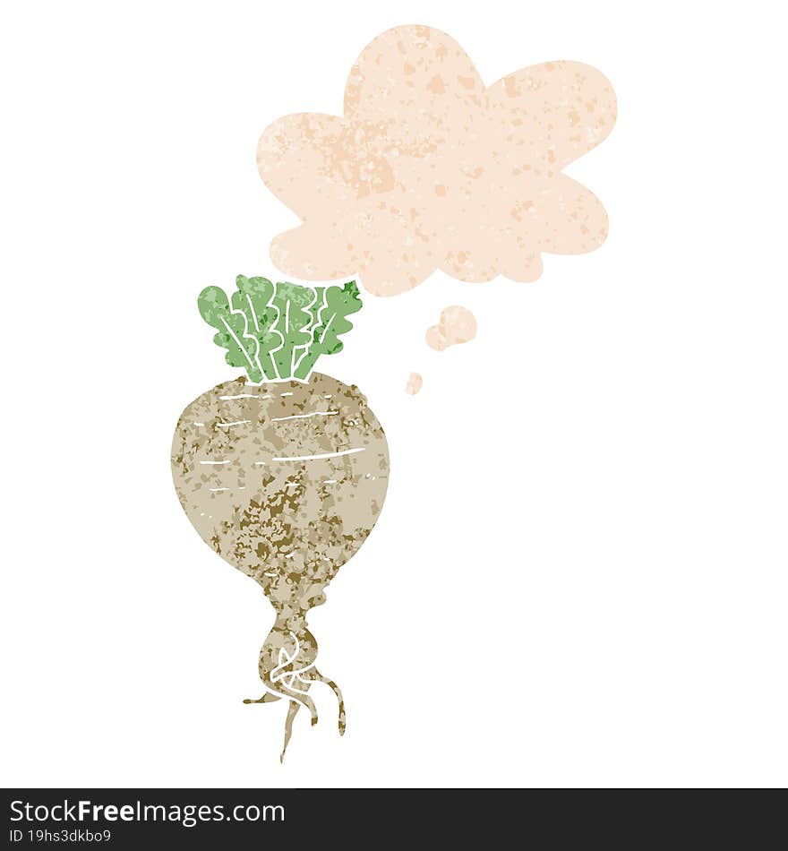 Cartoon Root Vegetable And Thought Bubble In Retro Textured Style