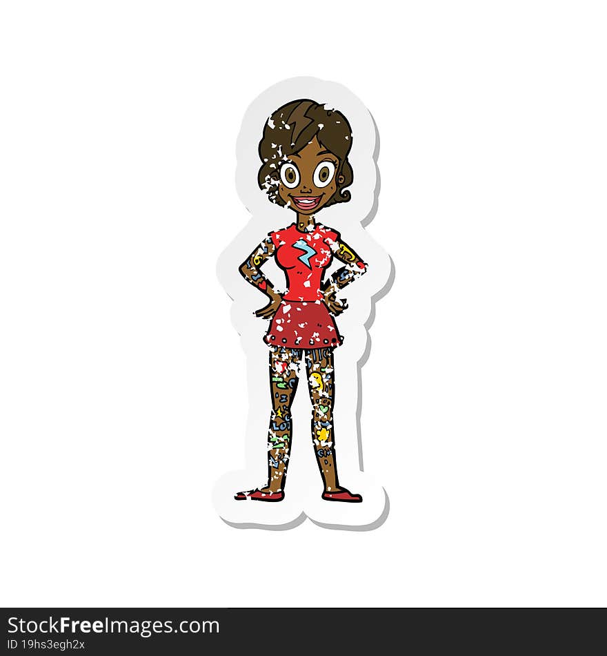 retro distressed sticker of a cartoon woman with heavy tattoos