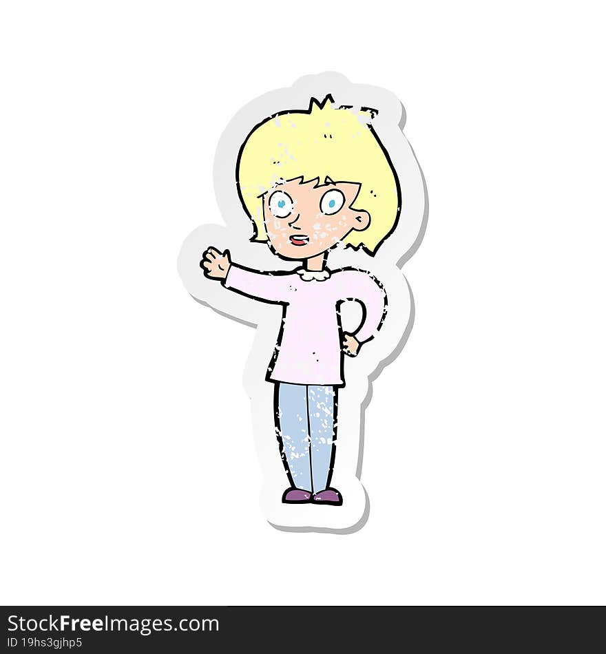 retro distressed sticker of a cartoon happy woman