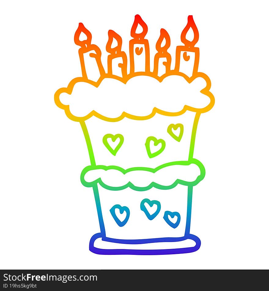 rainbow gradient line drawing of a cartoon birthday cake