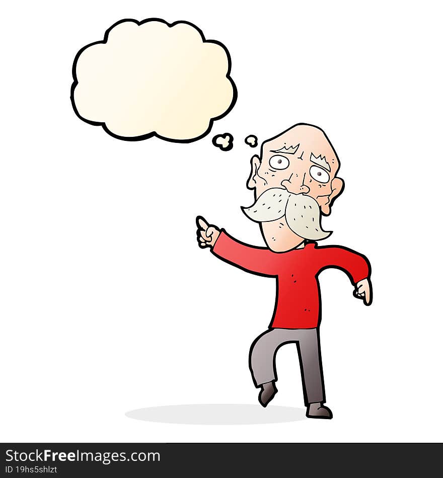 cartoon sad old man pointing with thought bubble