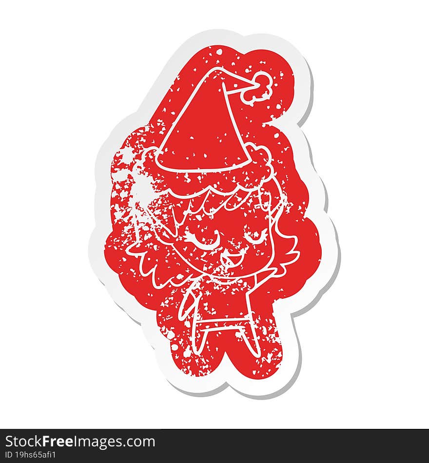 happy cartoon distressed sticker of a elf girl wearing santa hat