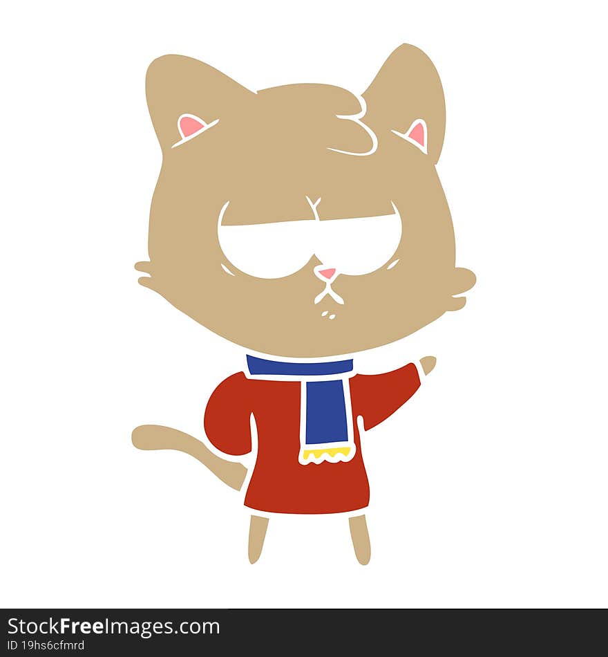 Bored Flat Color Style Cartoon Cat In Winter Clothes