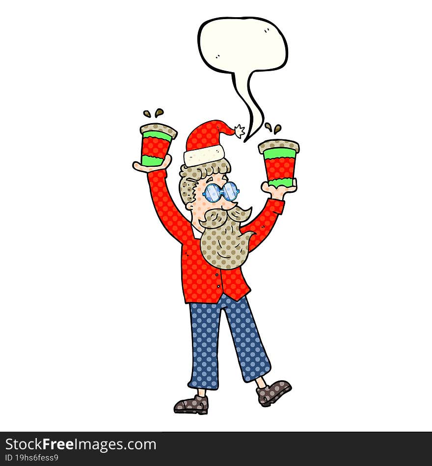 comic book speech bubble cartoon man with coffee cups at christmas