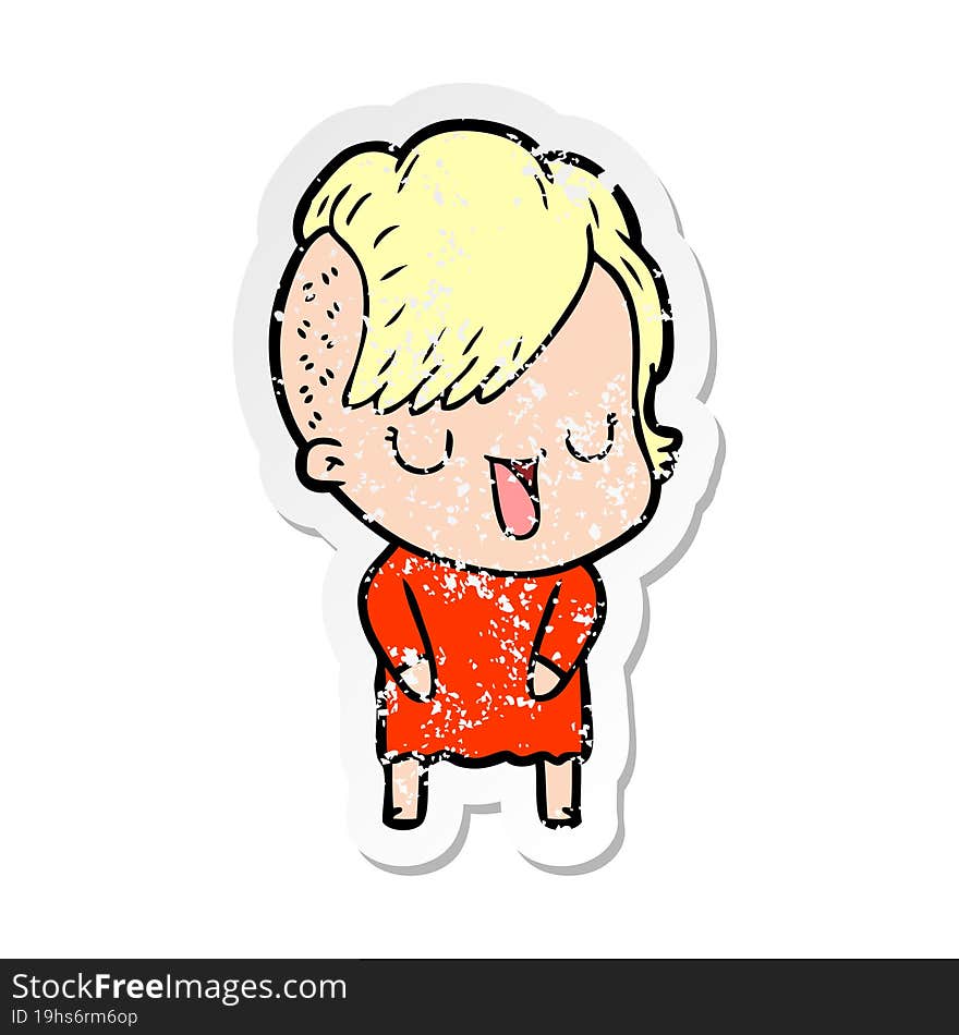 Distressed Sticker Of A Cute Cartoon Girl With Hipster Haircut