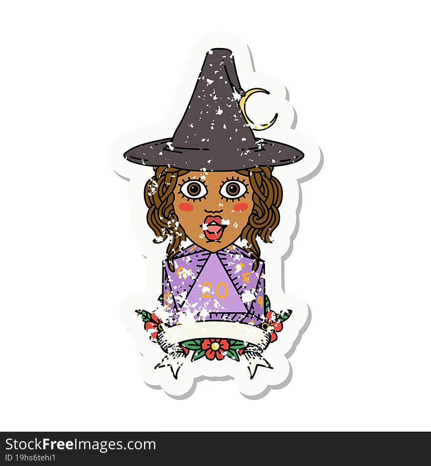 human witch with natural twenty dice roll illustration