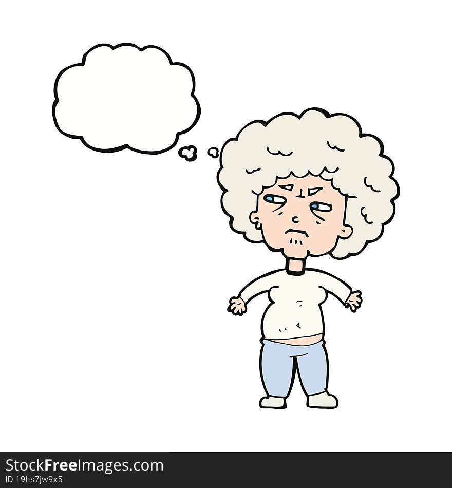 cartoon annoyed old woman with thought bubble