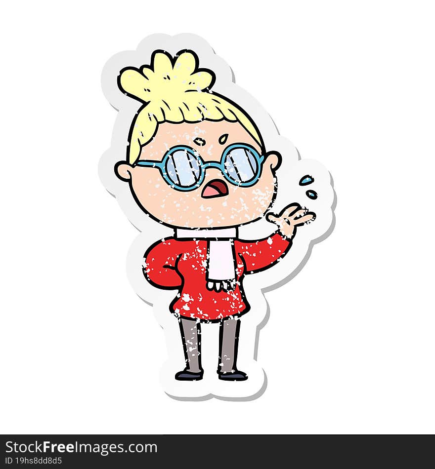 distressed sticker of a cartoon annoyed woman